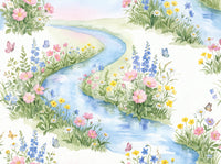 Serene Watercolor Riverside Wildflower Meadow Wall Mural