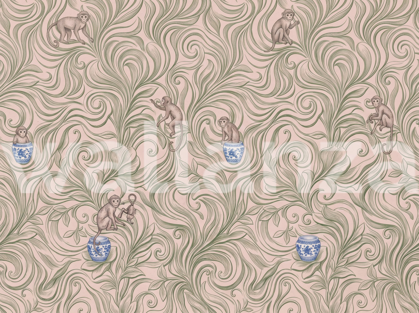 Chinoiserie Monkey Garden Pattern in Soft Pink Wall Mural