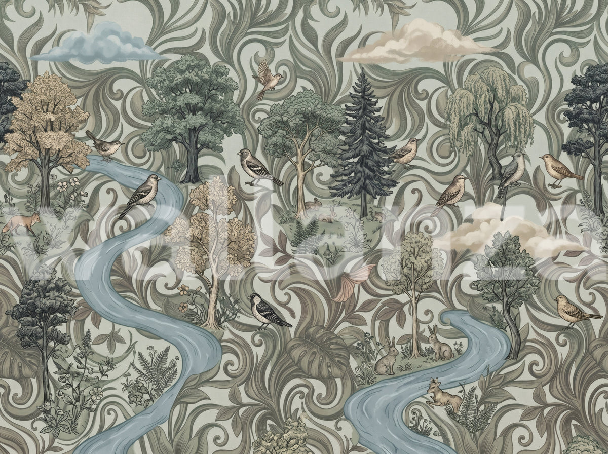 Woodland forest mural with green trees, birds, and a winding river across a scene