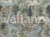 Woodland forest mural with green trees, birds, and a winding river across a scene
