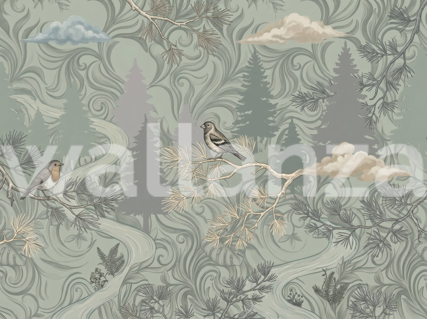 Enchanted Woodland Bird Song Sage Green Wallpaper Wall Mural