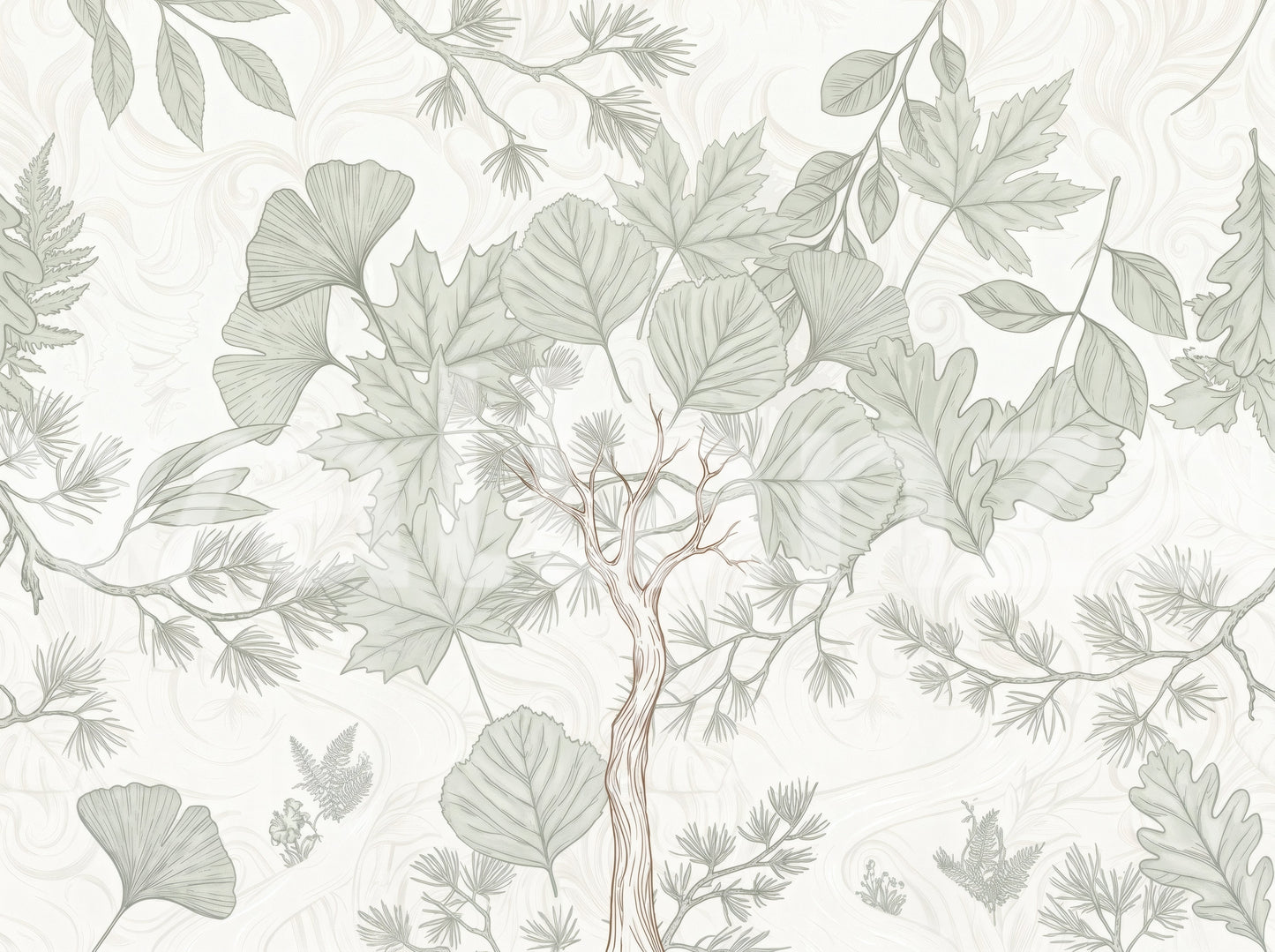 Sage Green Botanical Forest Sketch Wallpaper Wall Mural