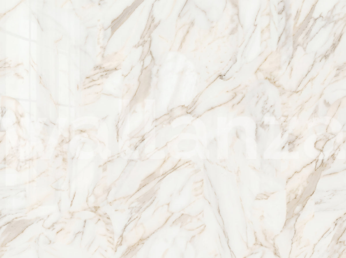 White Calacatta marble mural with warm gold and taupe veins