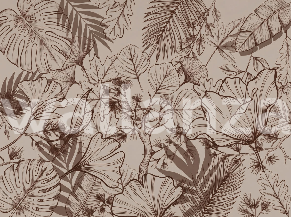 Botanical sketch mural in earthy brown tones with monstera and ginkgo leaves