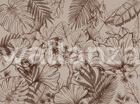 Botanical sketch mural in earthy brown tones with monstera and ginkgo leaves