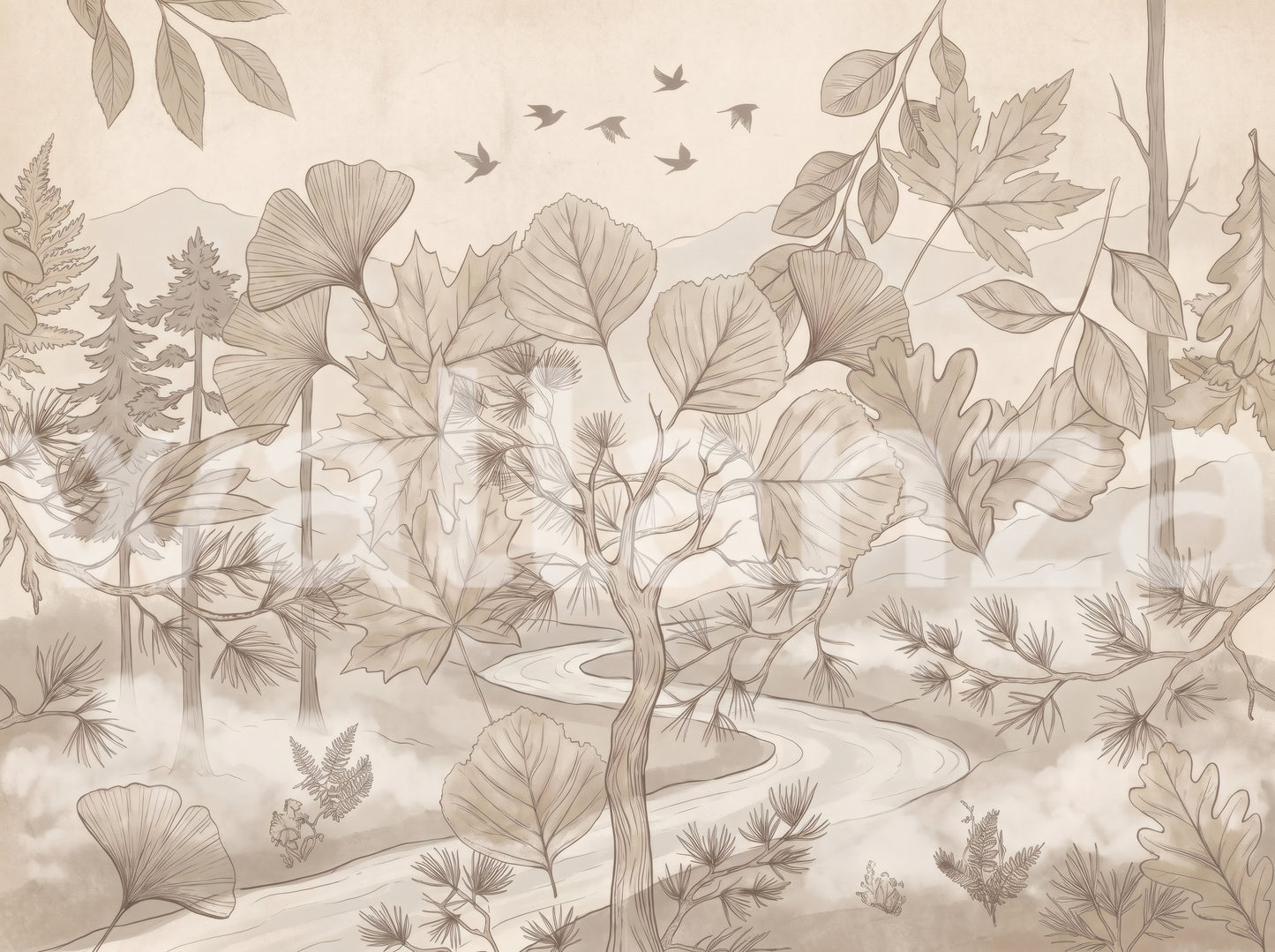 Misty Forest Path Sepia Sketch Wallpaper Wall Mural