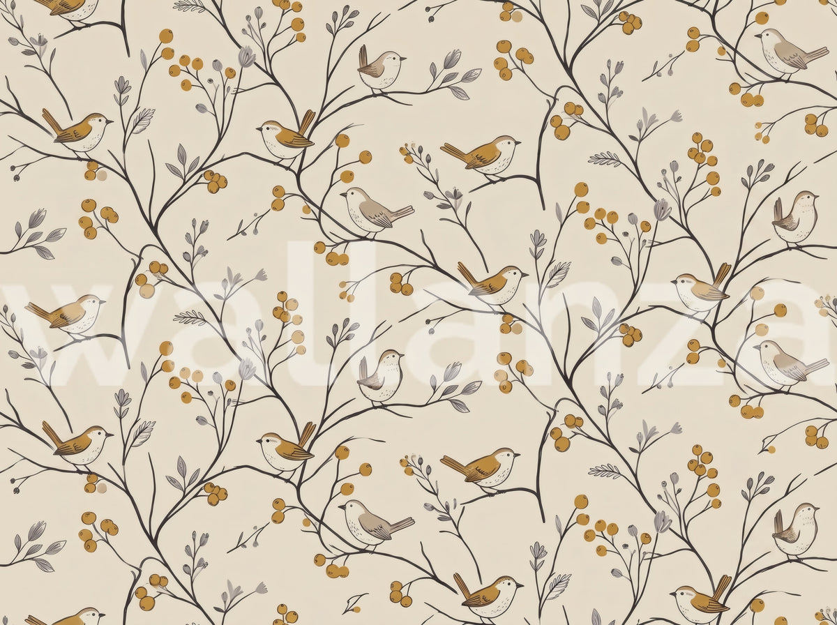 Woodland birds, mustard berries, and branches on a cream botanical wallpaper