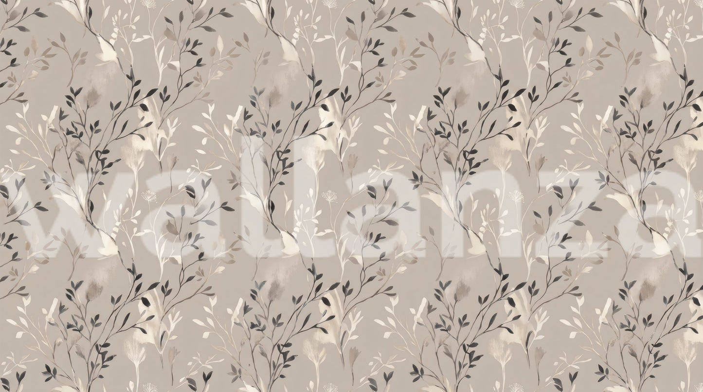 Elegant Botanical Beige and Charcoal Floral Wallpaper Wallpaper⁠