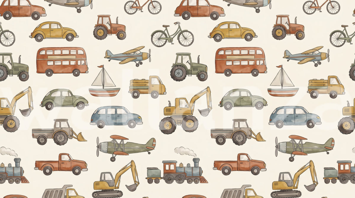Watercolor pattern of vintage cars, tractors, boats, and trains on cream wallpaper