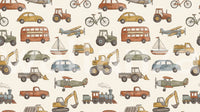 Watercolor pattern of vintage cars, tractors, boats, and trains on cream wallpaper