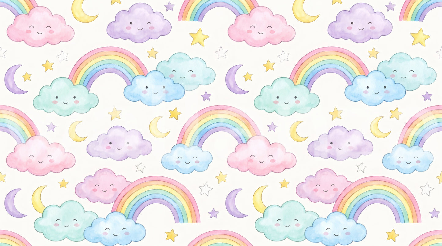 Pastel Rainbow and Sleepy Clouds Nursery Wallpaper Wallpaper⁠