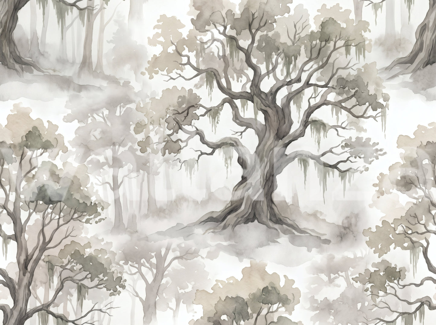 Misty Forest Watercolor Tree Mural Wallpaper⁠