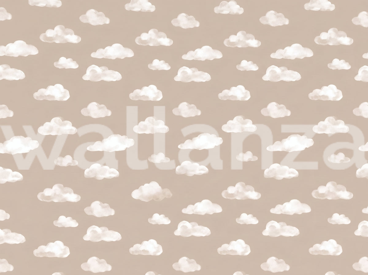 Beige cloud wallpaper with soft white watercolor clouds on a warm taupe ground