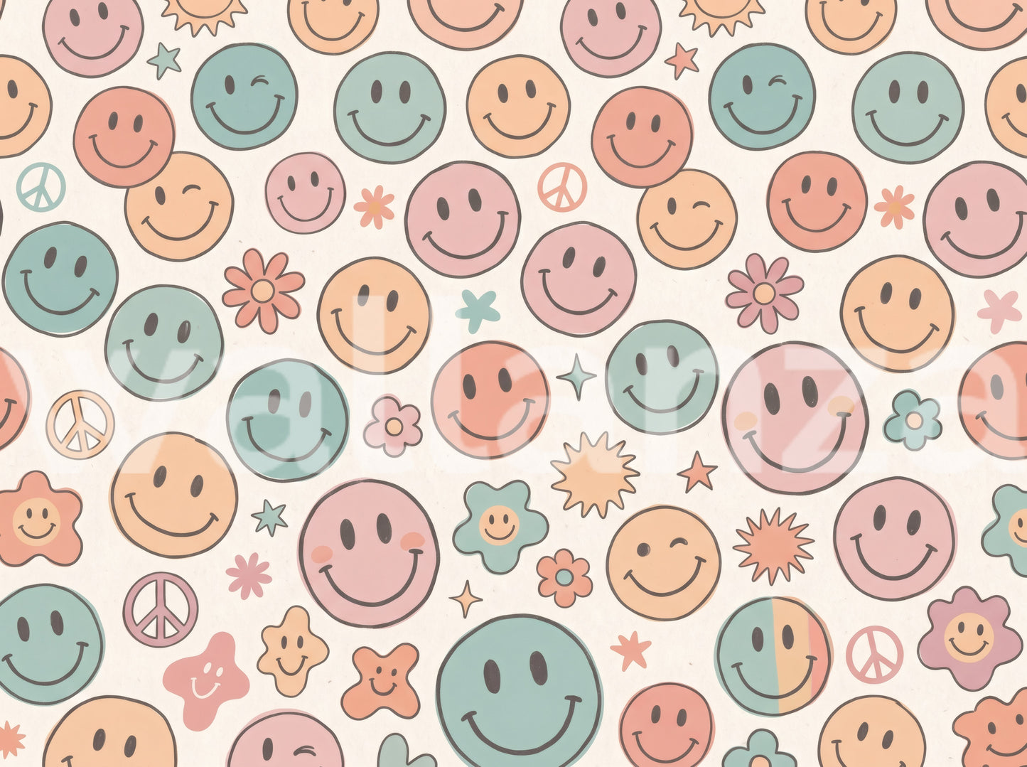 Whimsical Happy Faces and Flower Patterned Decor Wallpaper⁠