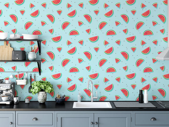 Fresh fruit wallpaper for a kitchen wall with modern counter styling