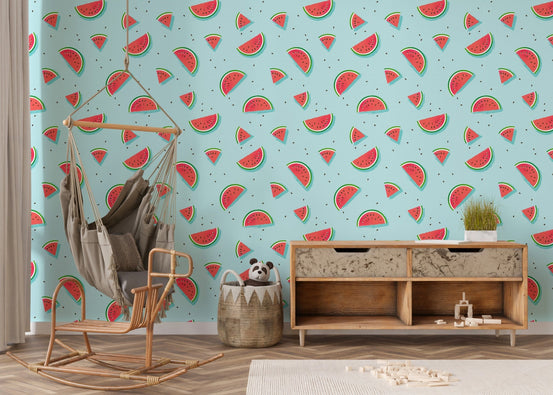 Watermelon Fruit Repeat Pattern Wallpaper in a pastel kids room wall
