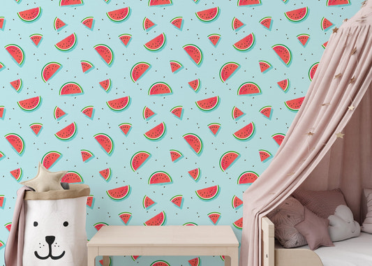 Watermelon wallpaper with blush curtain in a soft bedroom setting