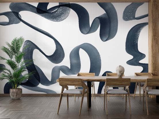 Wavy elegance wall mural blue abstract brushstroke wallpaper design.