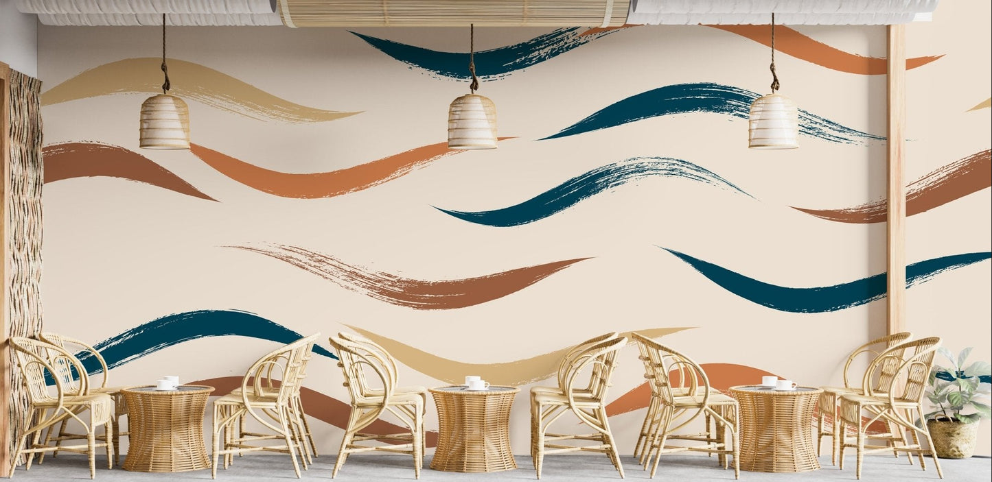 Wavy Pattern Beige Wall Mural in a cafe with wooden seating.
