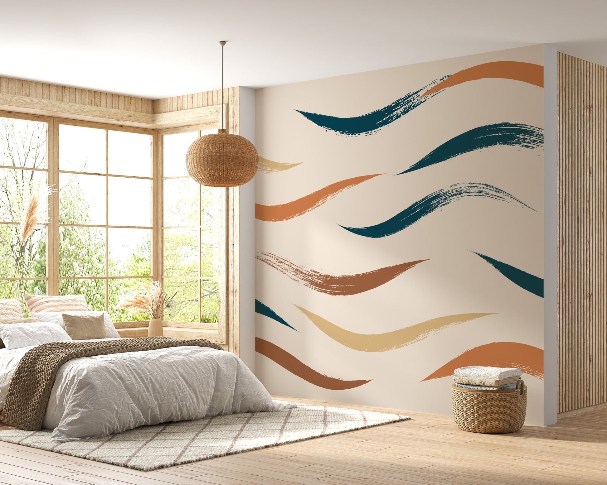 Minimalist bedroom featuring a wavy pattern wall mural and neutral bedding.