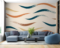 Teal and terracotta wavy pattern mural on a living room wall with blue sofa.
