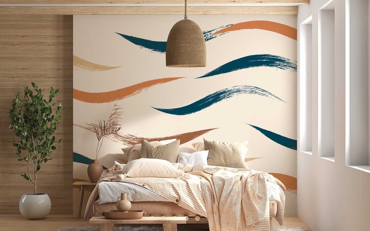 Subtle Beige Wavy Pattern Wall mural for bright bedroom.