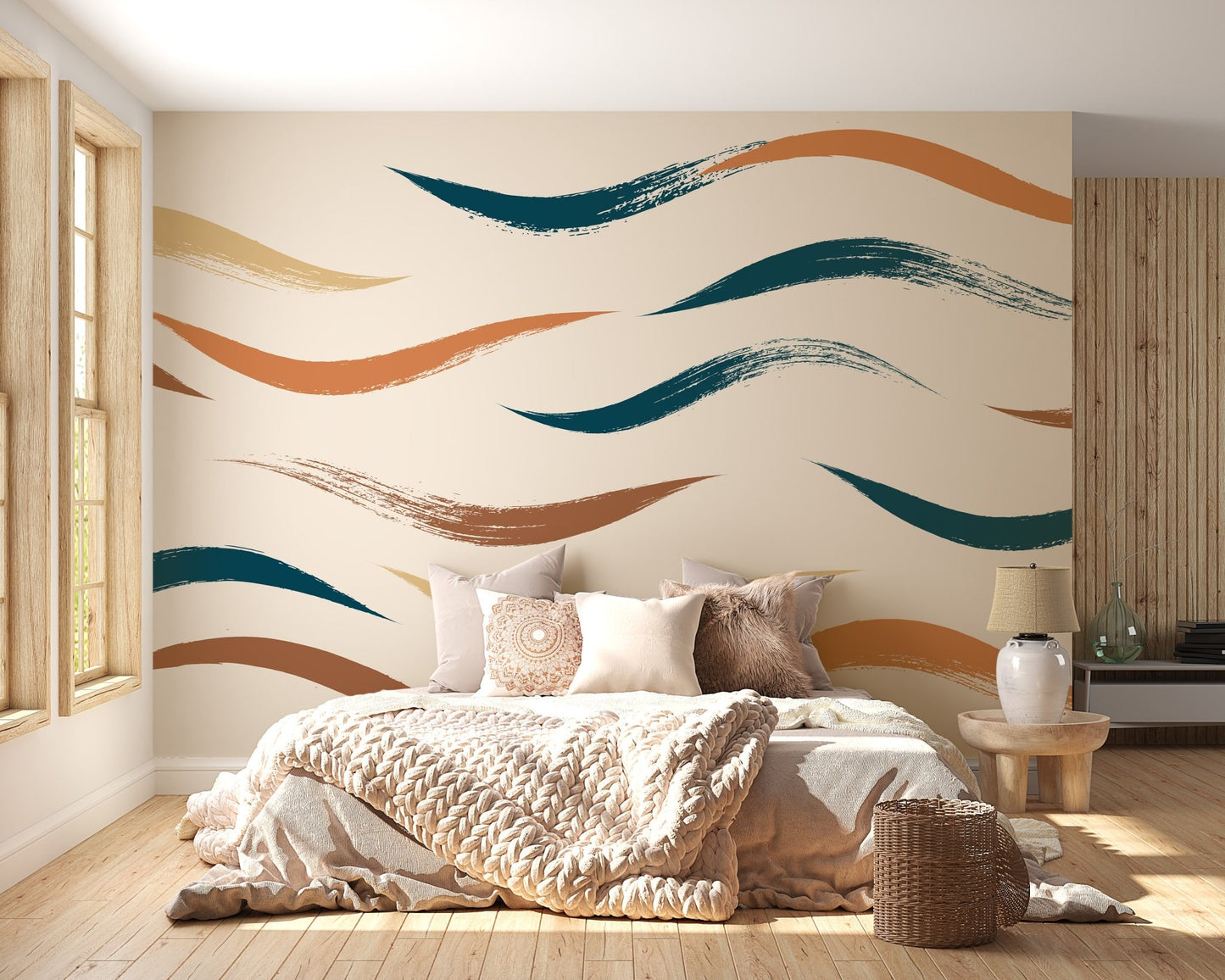 Beige wall mural with colorful wave strokes in a bright, sunlit bedroom.