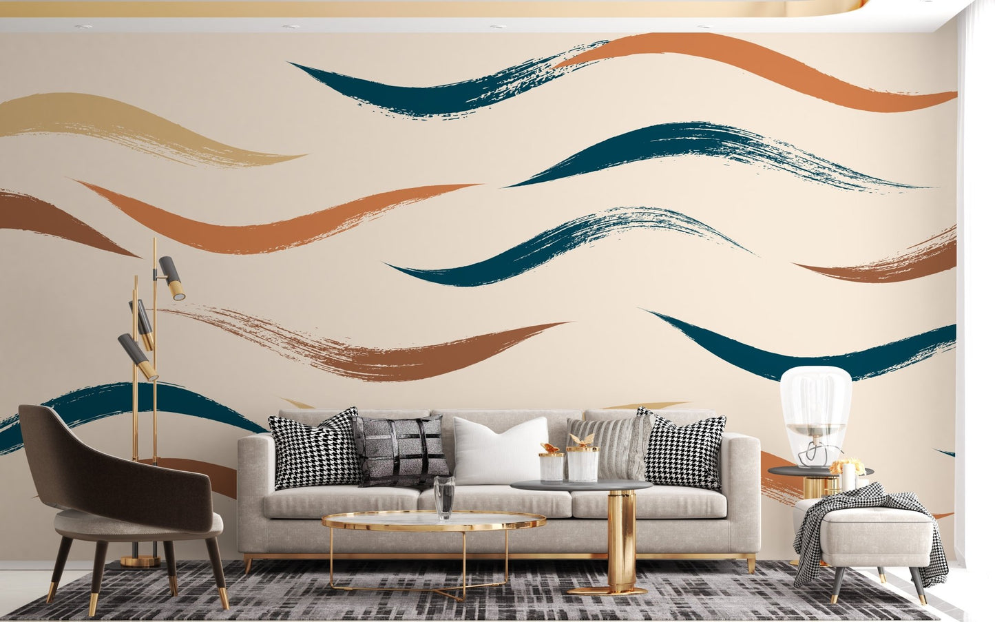 Wavy Pattern Beige Wall Mural for Modern Living area.