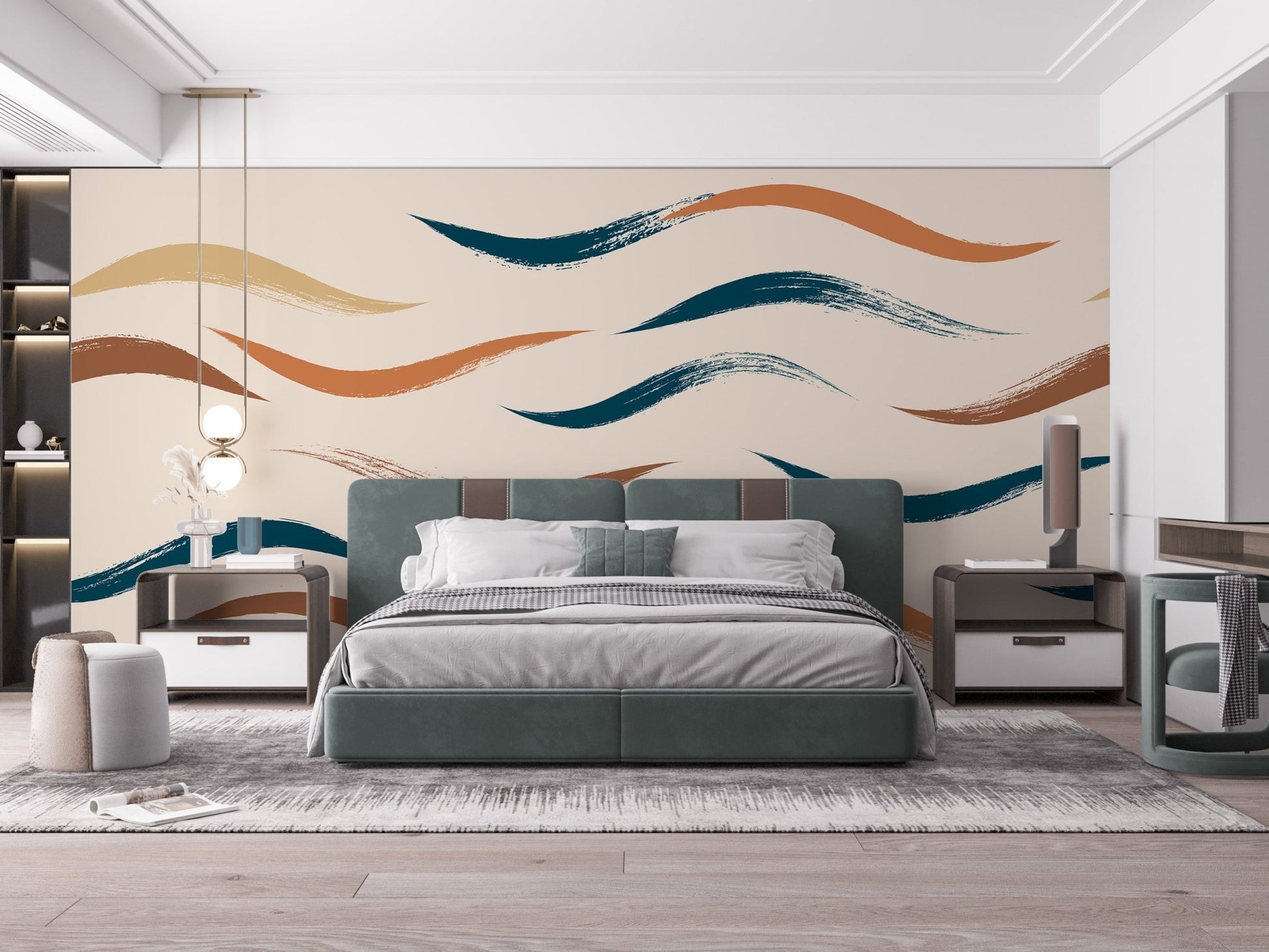Modern bedroom wall featuring a teal and brown wavy pattern mural.
