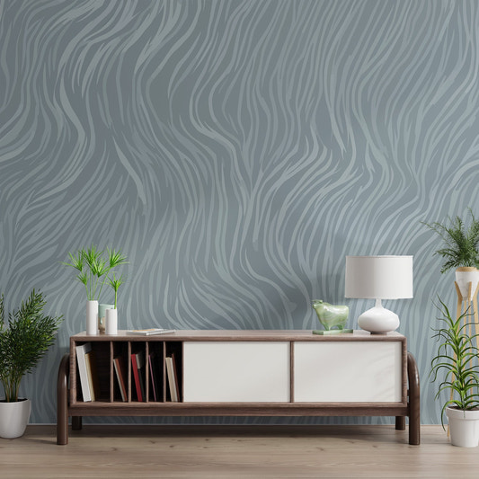 Wavy zebra lines wallpaper mural with grey organic patterns.