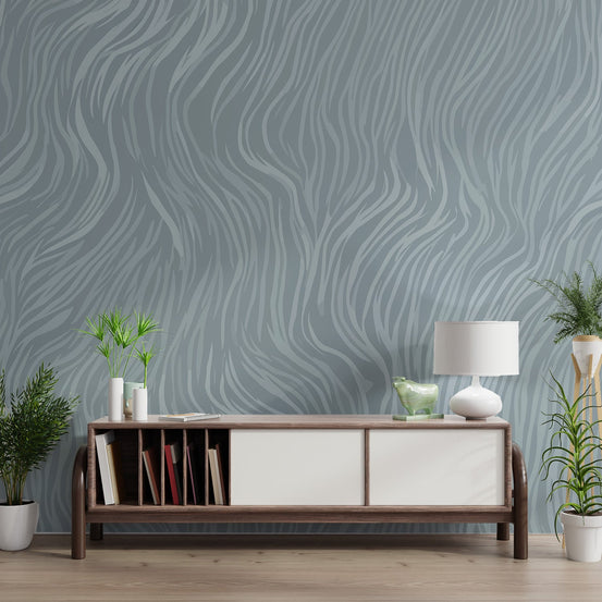 Wavy zebra lines wallpaper mural with grey organic patterns.