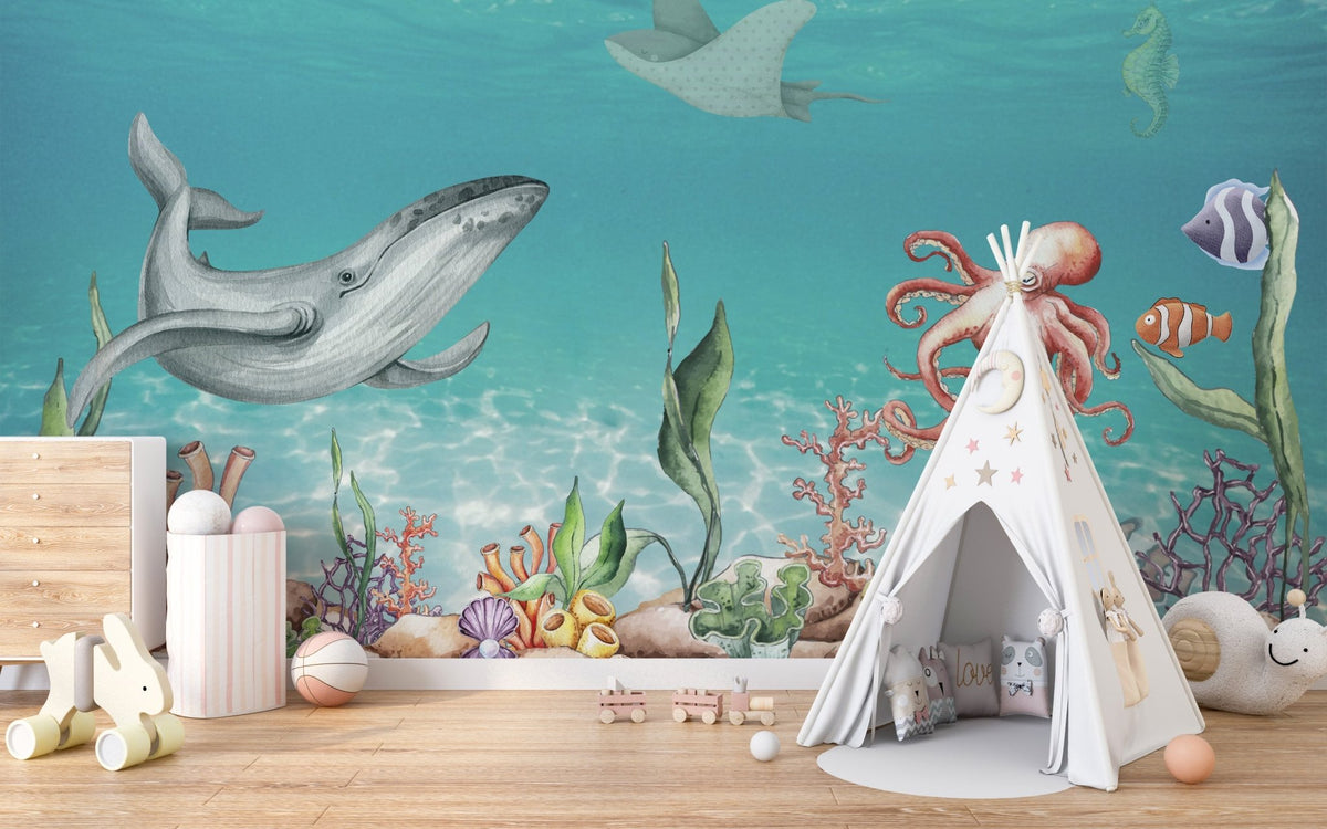 Whale and friends wallpaper mural with ocean animals in teal tones.