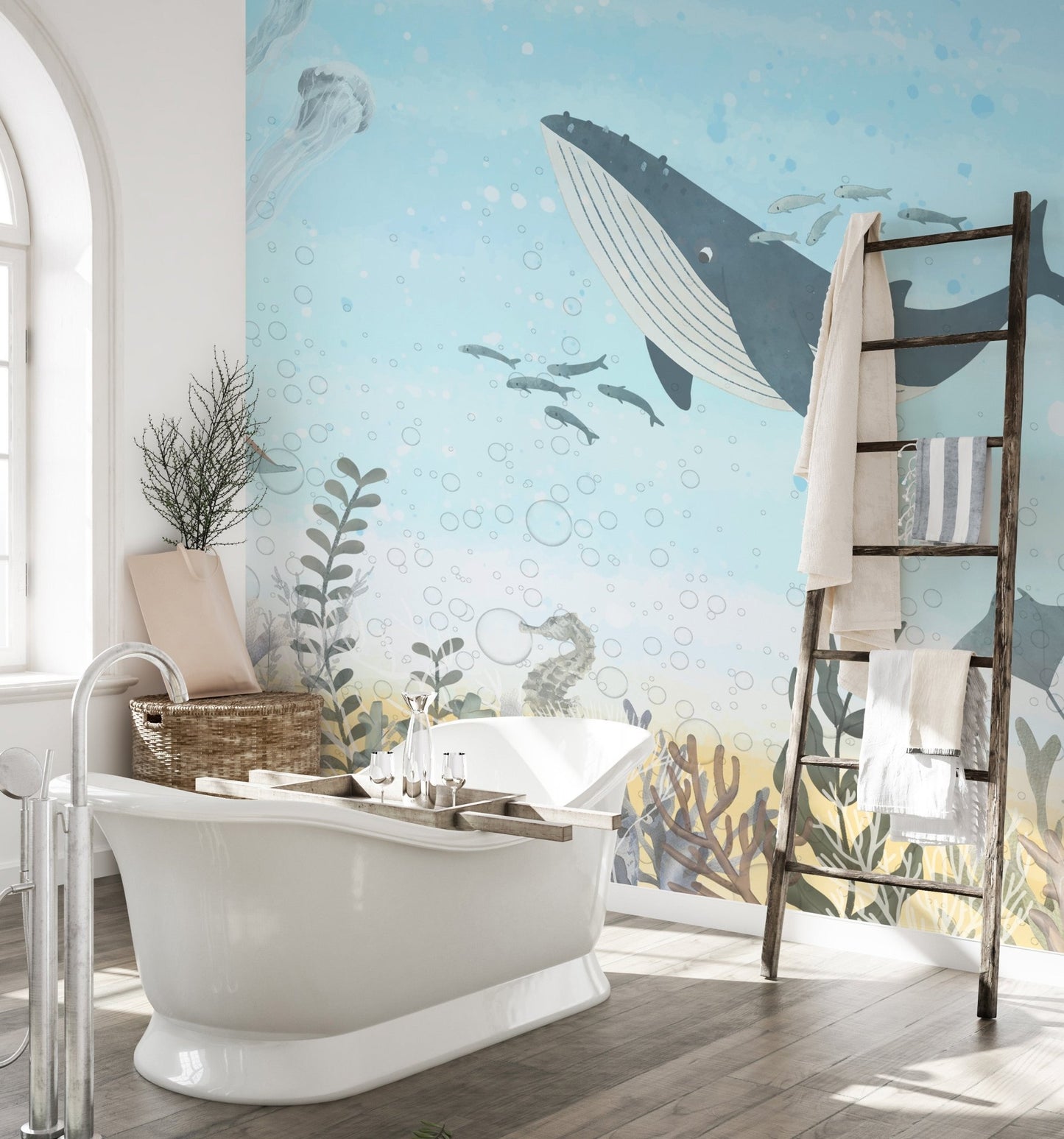 Ocean life wall mural with fish, jellyfish, and sea plants.