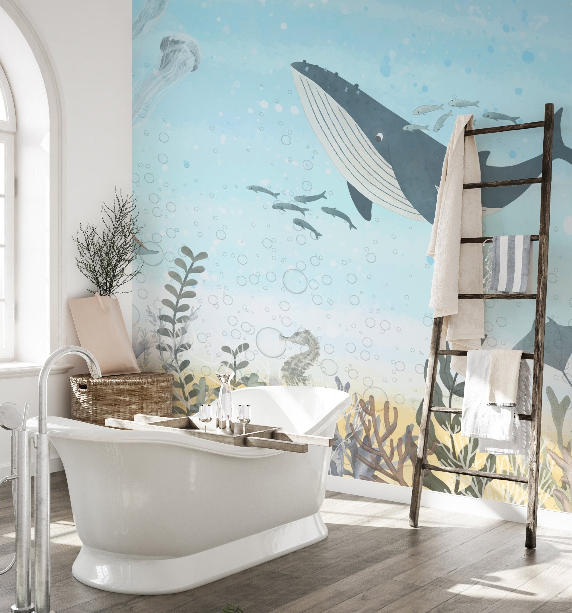 Ocean life wall mural with fish, jellyfish, and sea plants.