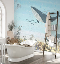 Ocean life wall mural with fish, jellyfish, and sea plants.