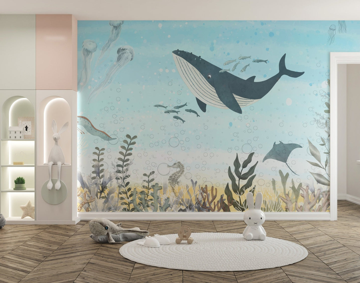 Modern aquatic wallpaper in soft blue and sand color.