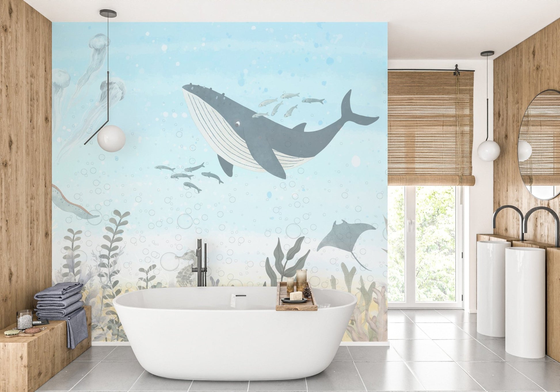 Blue marine wallpaper featuring whale and coral reef.