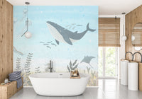 Blue marine wallpaper featuring whale and coral reef.