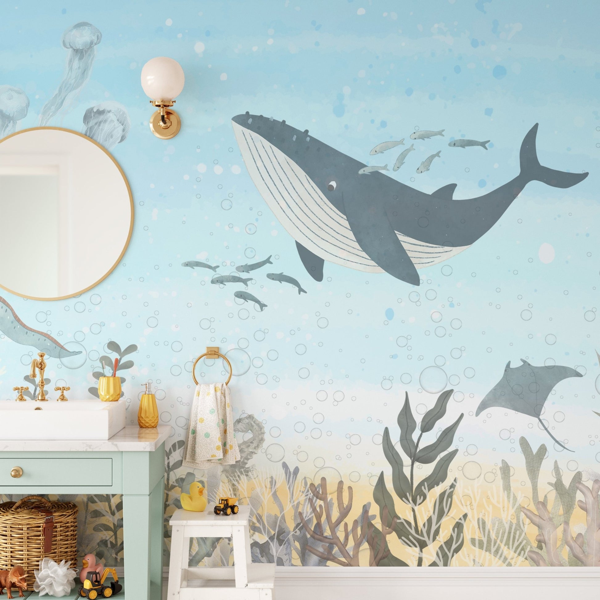 Underwater wildlife wallpaper with detailed coral elements.