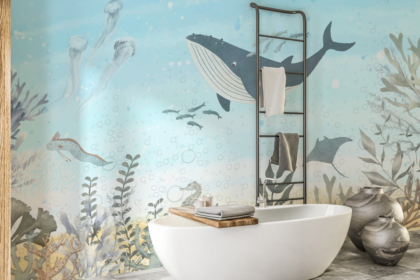 Whale encounter wall mural in pastel ocean color palette.