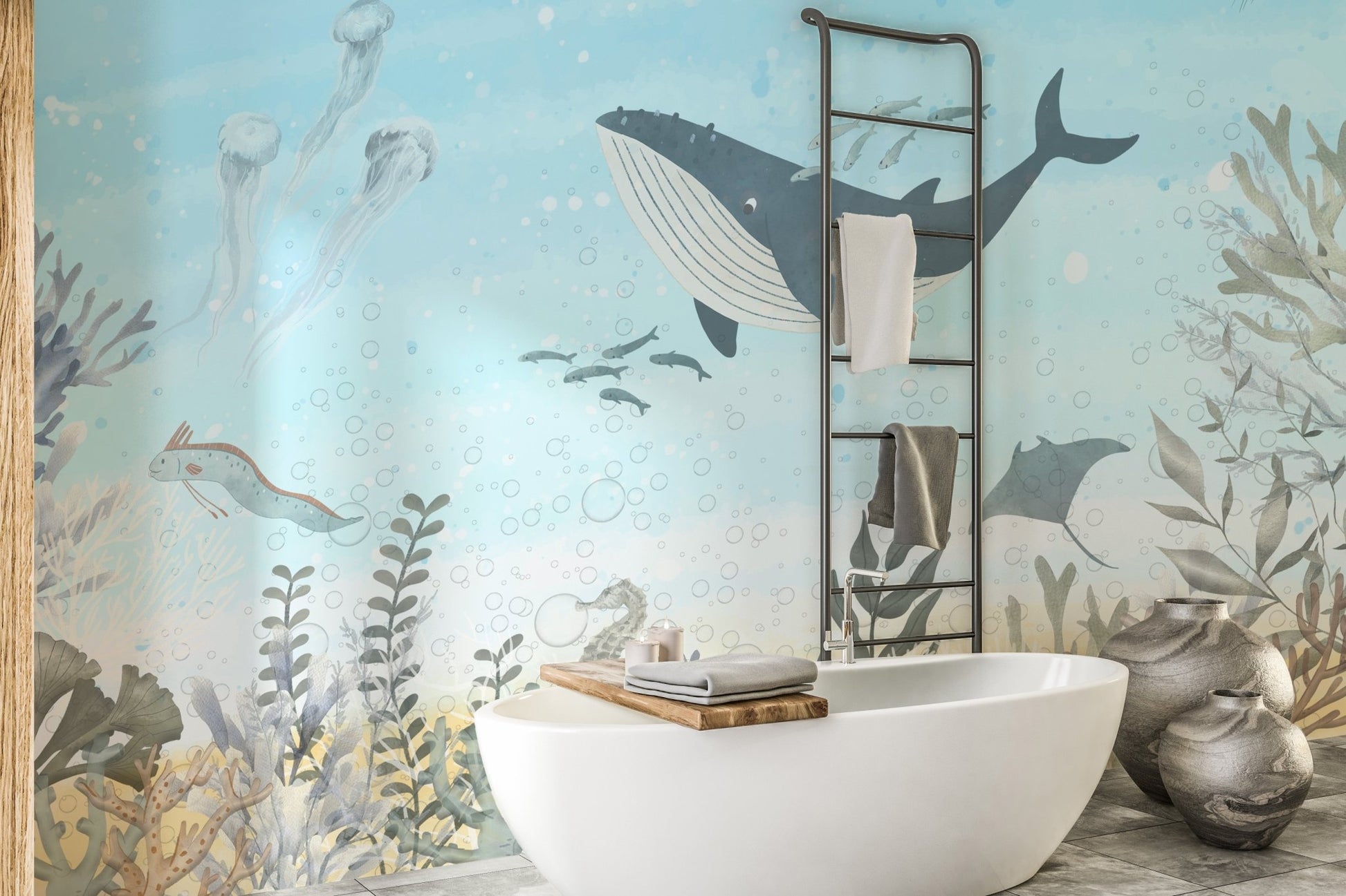 Whale encounter wall mural in pastel ocean color palette.