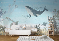 Whale encounter wallpaper mural with underwater ocean scene.