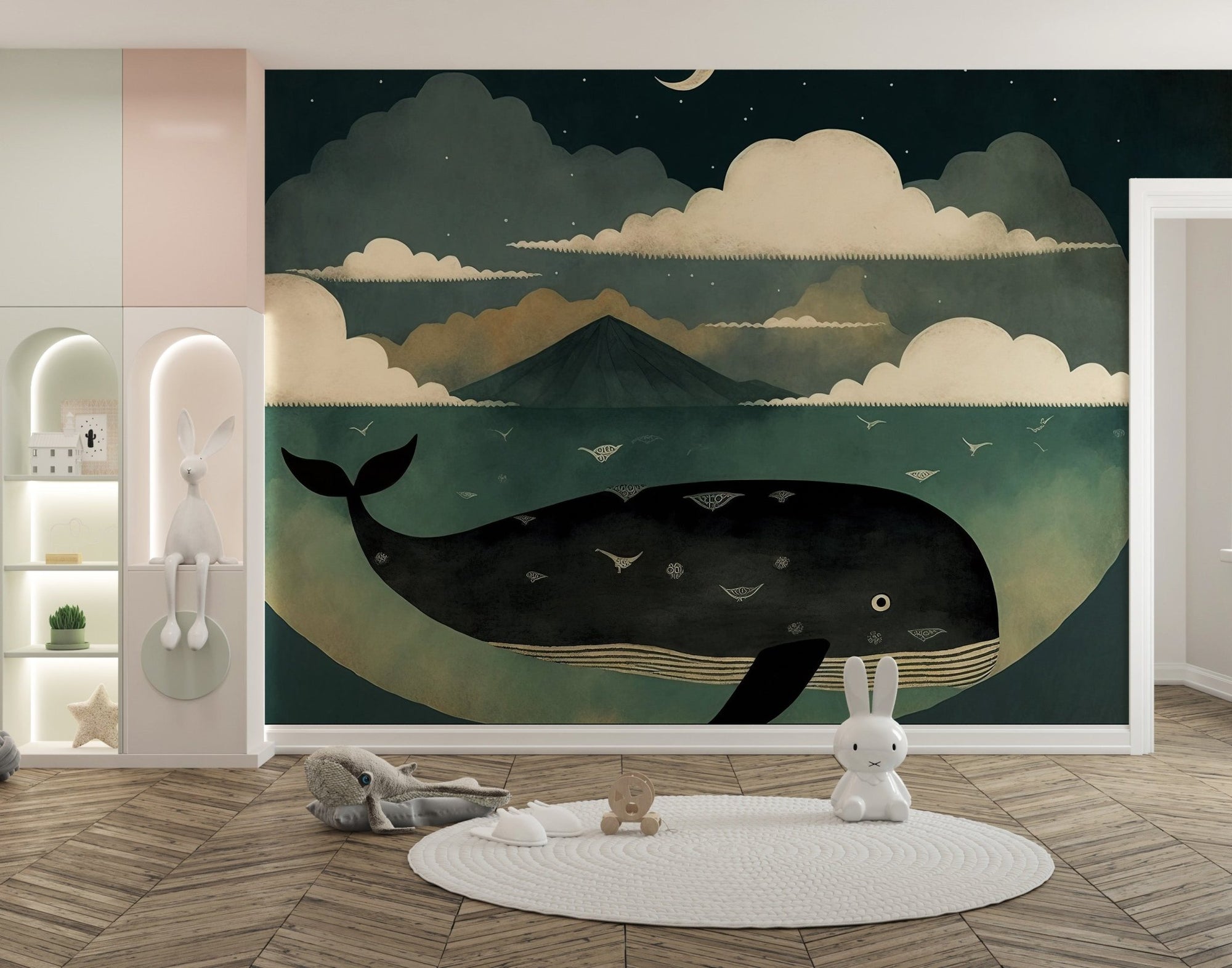 Whale under moon wall mural with dark teal ocean waves.