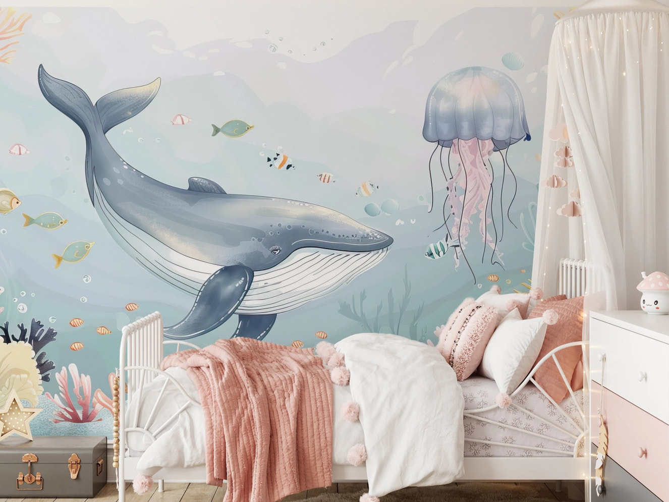 Whale underwater mural with soft pastel nursery theme