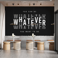 Statement typography wall mural in black and neutral tones.
