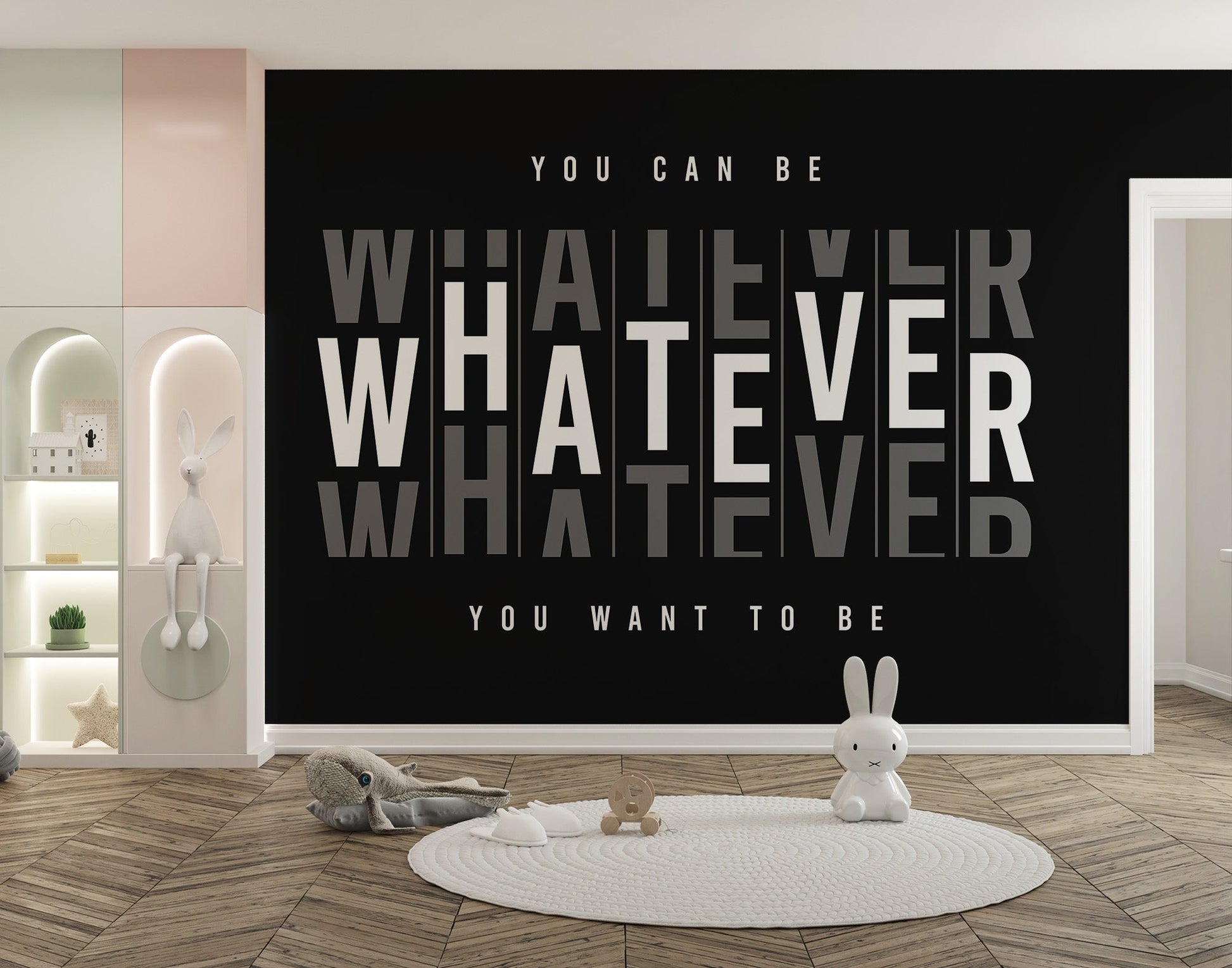 Inspirational text wall mural with layered word design.