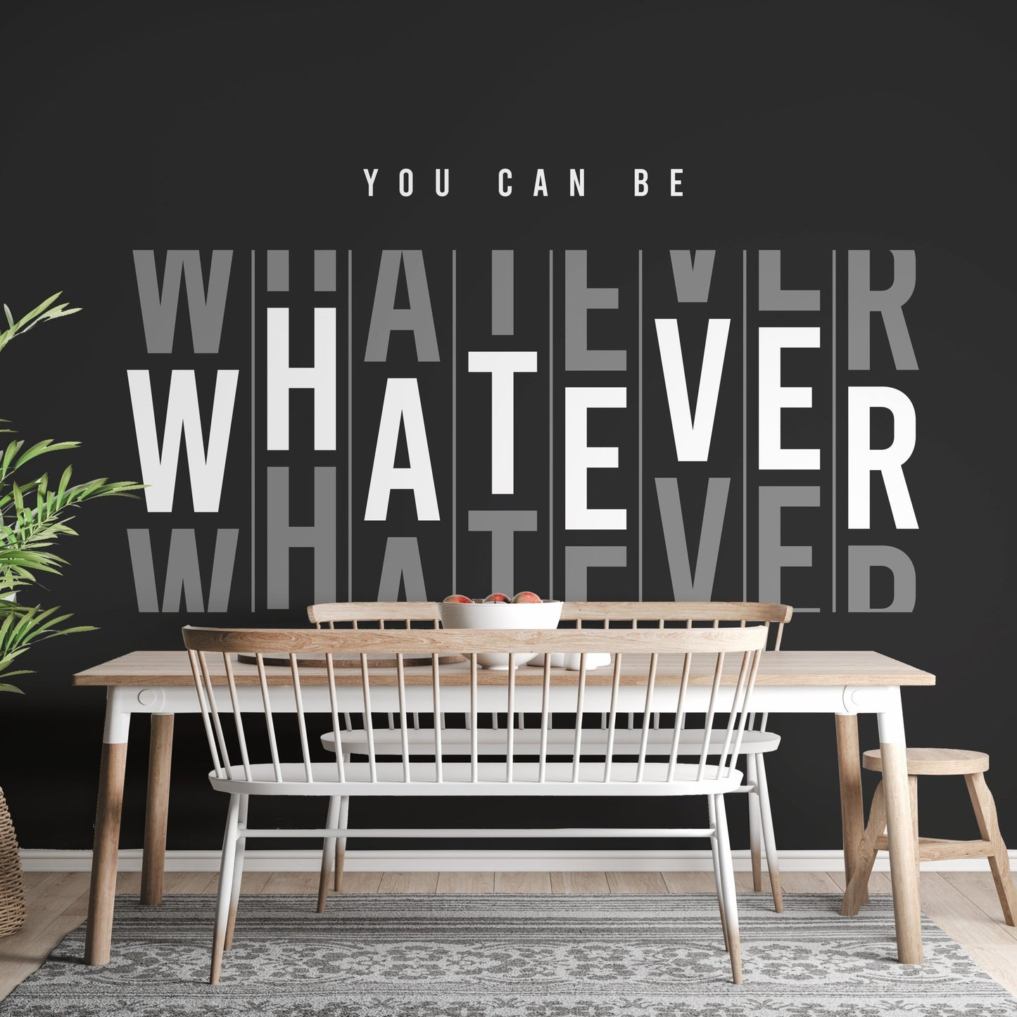 Whatever dreams office wall mural in bold black and white typography.