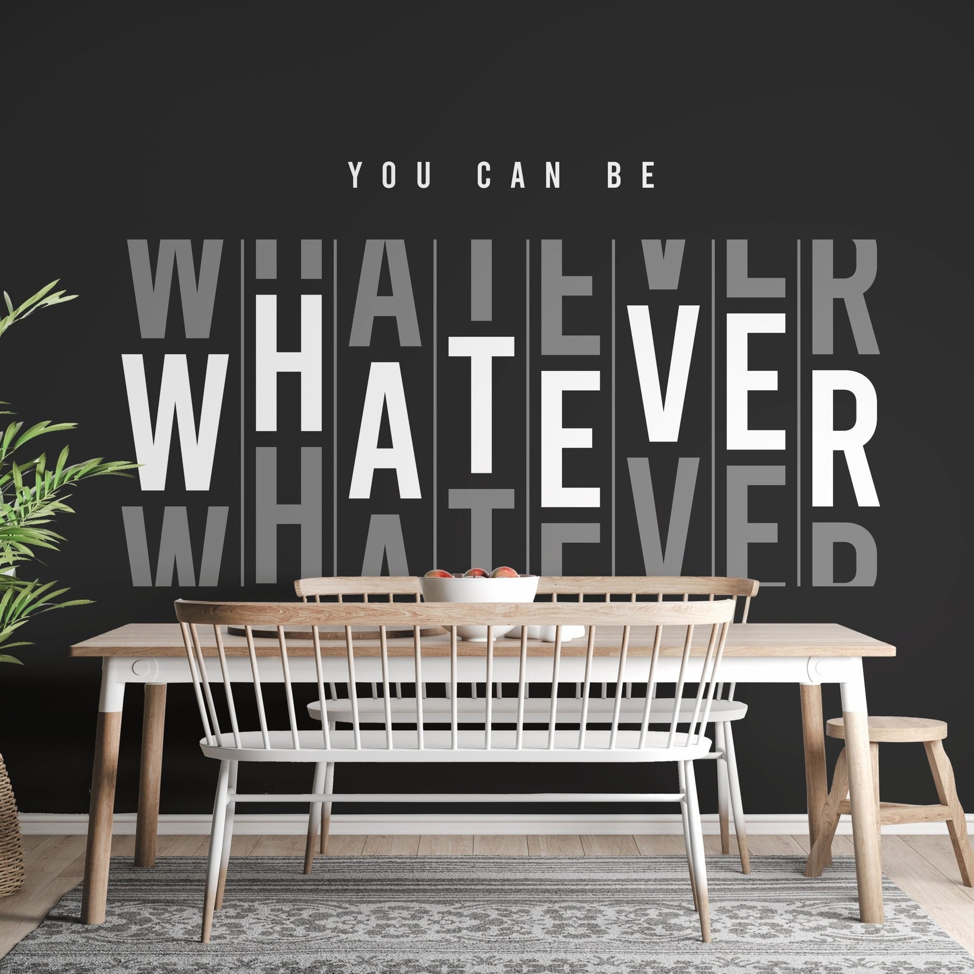 Whatever dreams office wall mural in bold black and white typography.