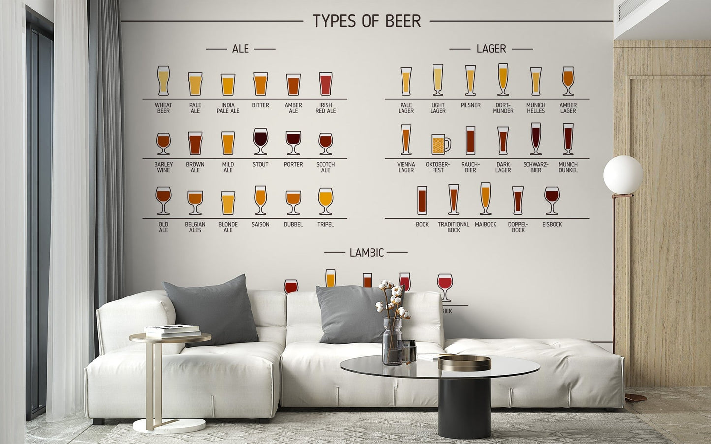Neutral tone beer guide wall mural with typography.