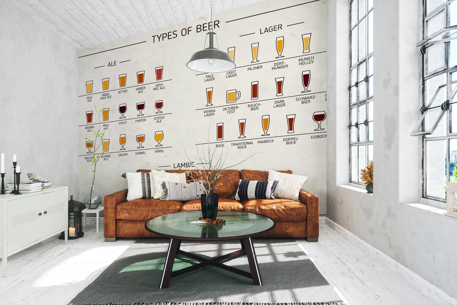 Bar style beer varieties wall mural in muted shades.